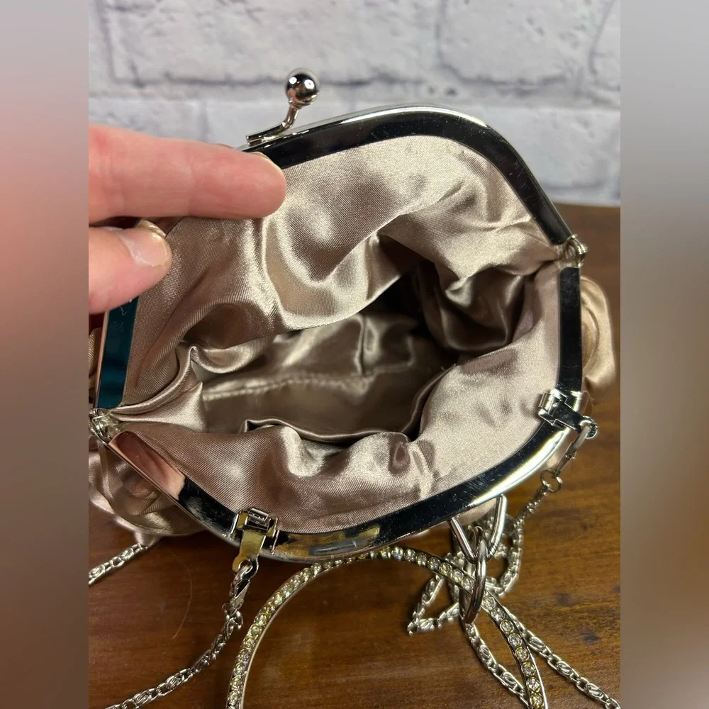 Elegant Satin Rose Clutch with Rhinestone Handle